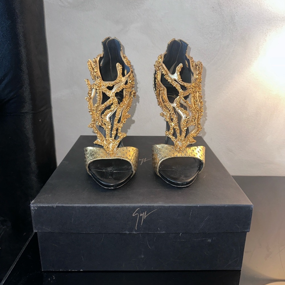 Giuseppe Zanotti Gold and Black Sculptural Heels limited edition